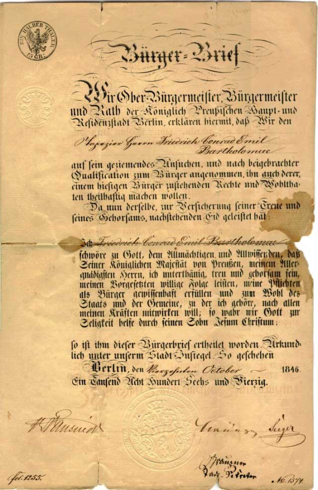 Bürgerbrief von Conrad Bartholomae