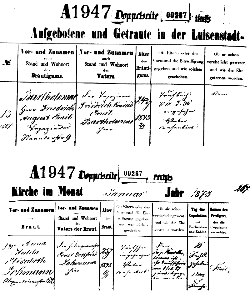 Trauurkunde von Anna Lohmann und Emil Bartholomae