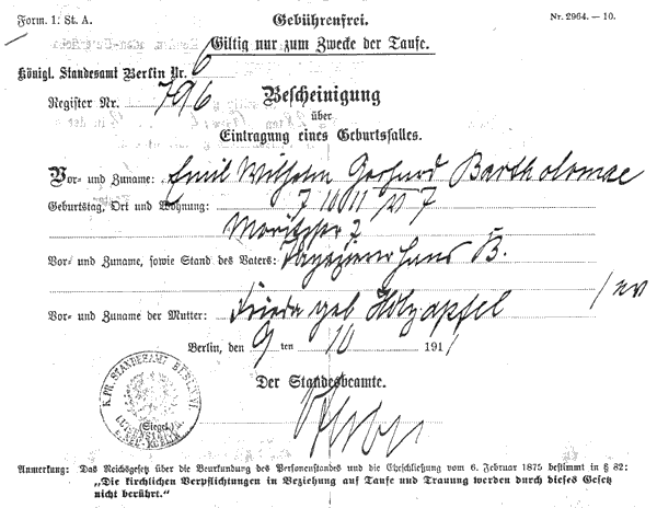 Geburtsurkunde von Emil Wilhelm Gerhard Bartholomae